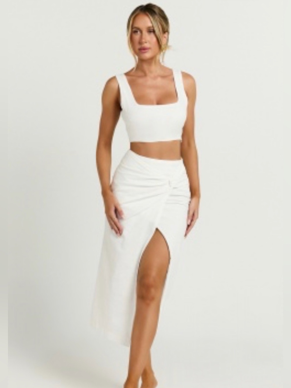 Showpo White Ruched High-Slit Midi Skirt Set with Crop Tank